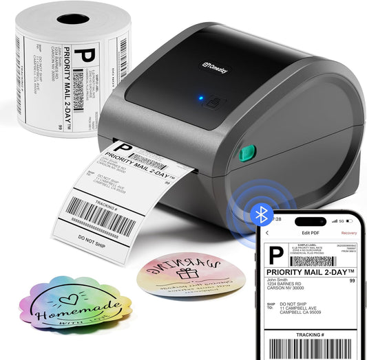 Bluetooth Shipping Label Printer with 1 Roll Labels - D520BT Thermal Label Printer, Thermal Printers with Built-in Label Holder, Come with 500PCS 4x6 White Labels (500 Labels/Roll)