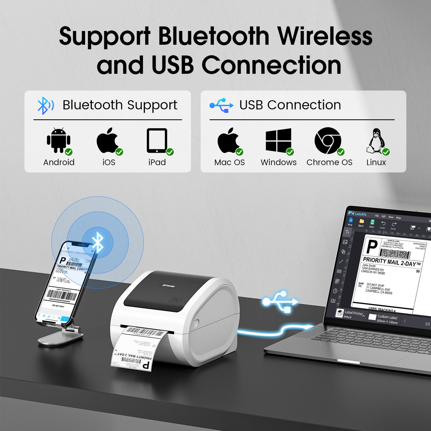 Bluetooth Shipping Label Printer 4x6 - D520BT Bluetooth Thermal Label Printer for Small Business， Shipping Packages, Compatible with USPS, Shopify, Amazon, Tiktok