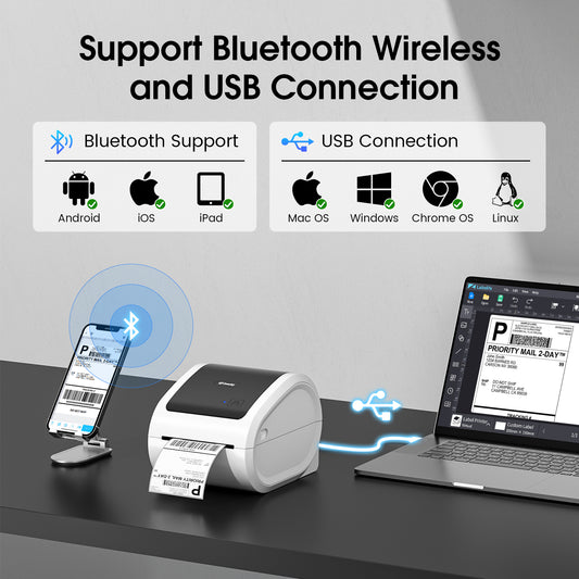 Bluetooth Shipping Label Printer with 1 Roll Labels - D520BT Thermal Label Printer, Thermal Printers with Built-in Label Holder, Come with 500PCS 4x6‬ White Labels (500 Labels/Roll)