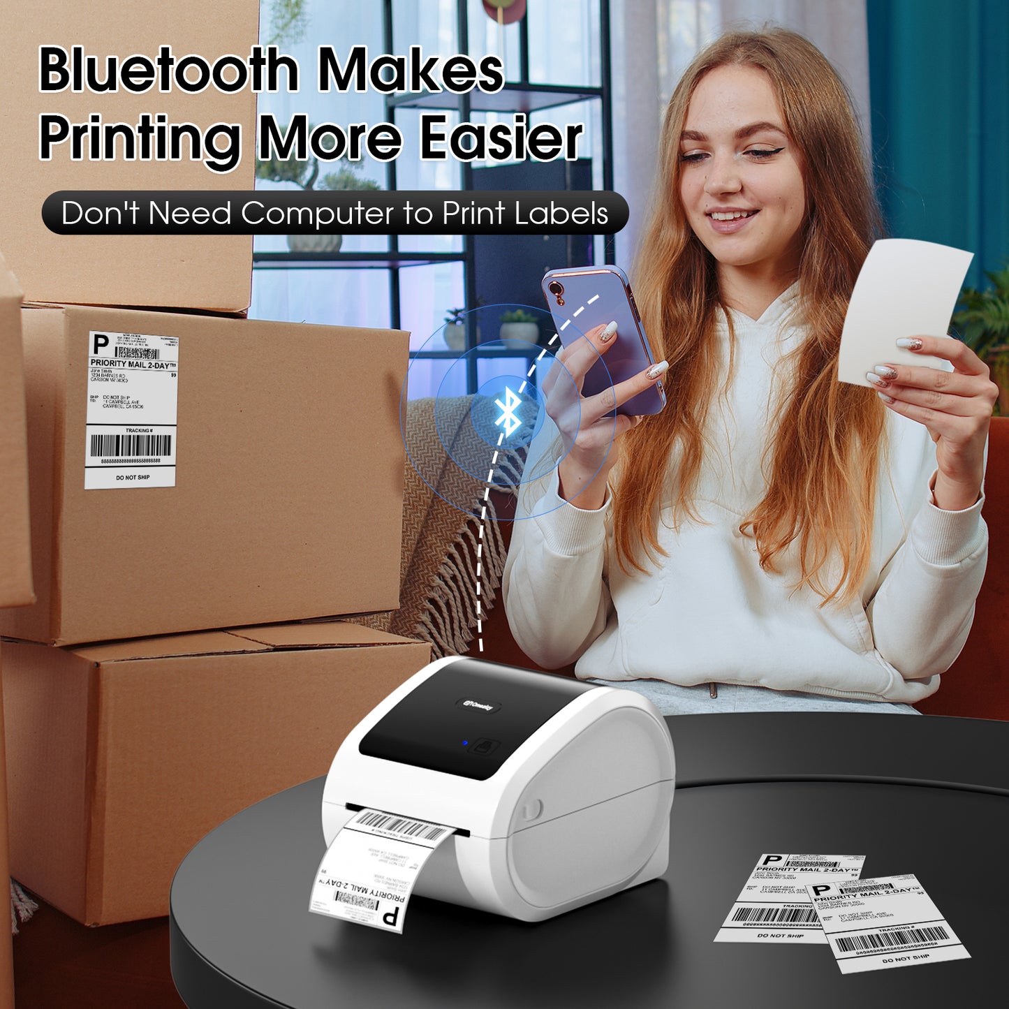 Bluetooth Shipping Label Printer with 1 Roll Labels - D520BT Thermal Label Printer, Thermal Printers with Built-in Label Holder, Come with 500PCS 4x6‬ White Labels (500 Labels/Roll)