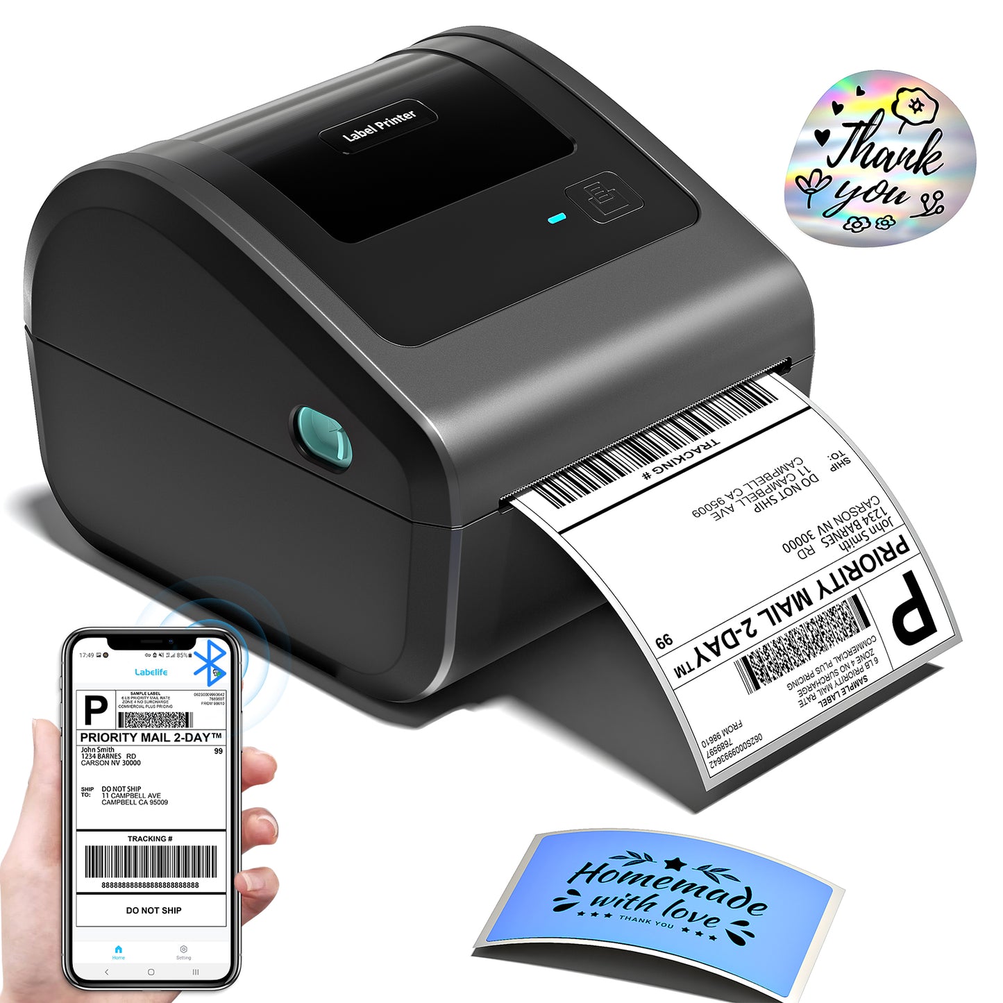 Omezizy Bluetooth Shipping Label Printer 4x6, D450BT Thermal Label Printer for Shipping Packages, Thermal Printers for Small Business, Compatible with iPhone, Android, Windows, macOS, UPS, Tiktok