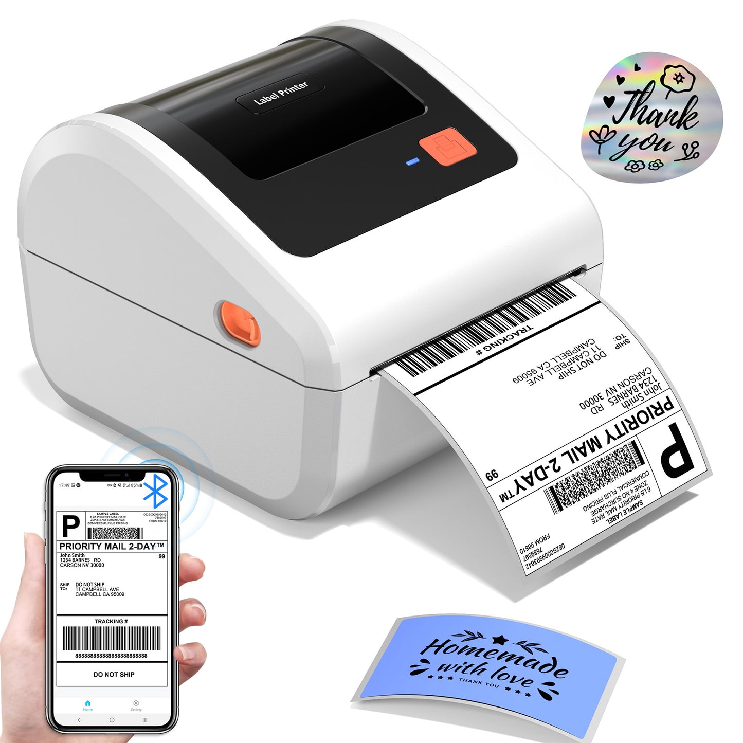 Bluetooth Thermal Shipping Label Printer - D450BT Thermal Label Printer 4x6 for Small Business & Shipping Packages, Compatible with iPhone, Android, iPad, Windows, macOS, USPS, Amazon, Tiktok