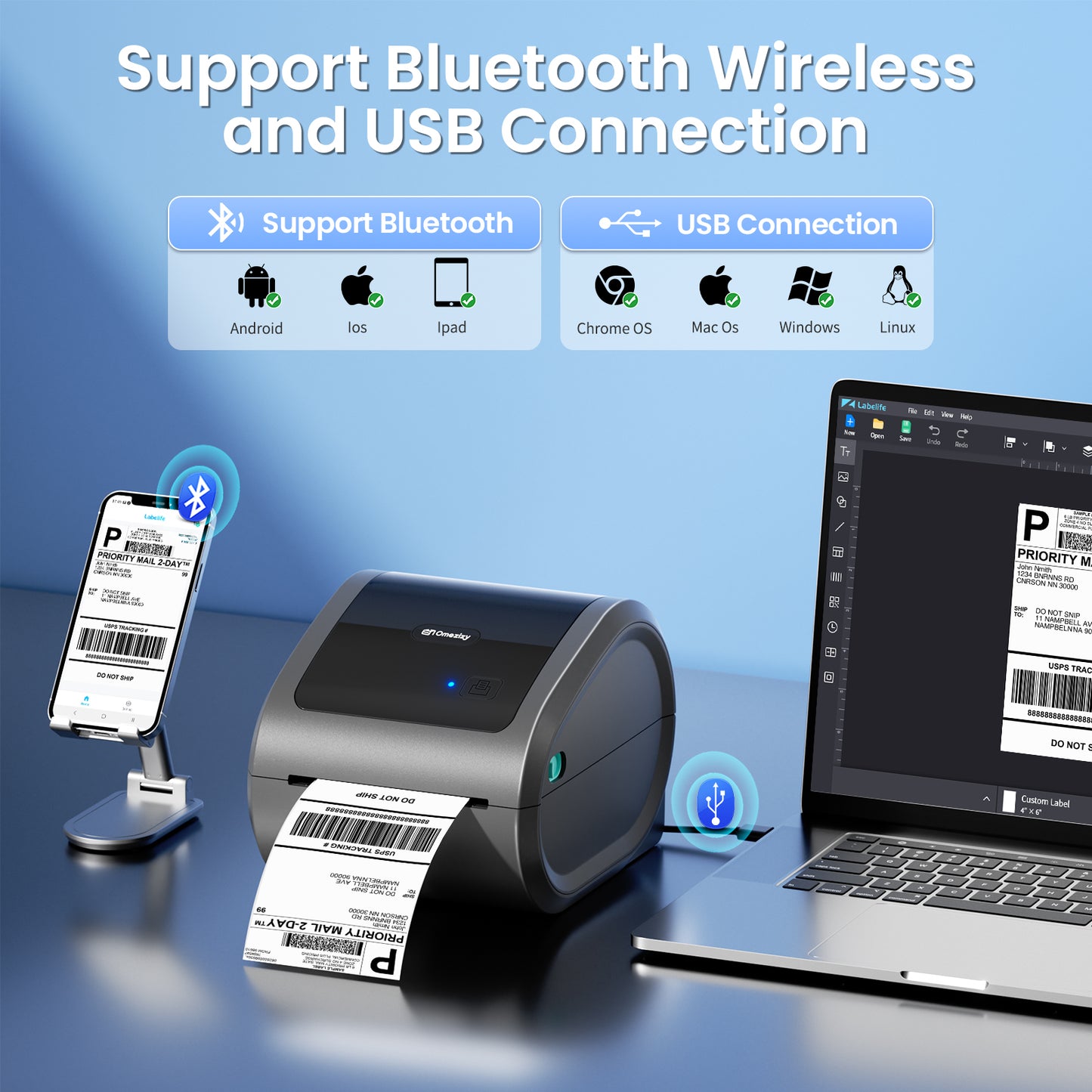 Bluetooth Shipping Label Printer 4x6 - D520BT Thermal Label Printer for Small Business, Thermal Printers with Built-in Label Holder, Compatible with USPS, Tiktok, Amazon
