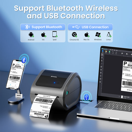 Bluetooth Shipping Label Printer with 1 Roll Labels - D520BT Thermal Label Printer, Thermal Printers with Built-in Label Holder, Come with 500PCS 4x6‬ White Labels (500 Labels/Roll)