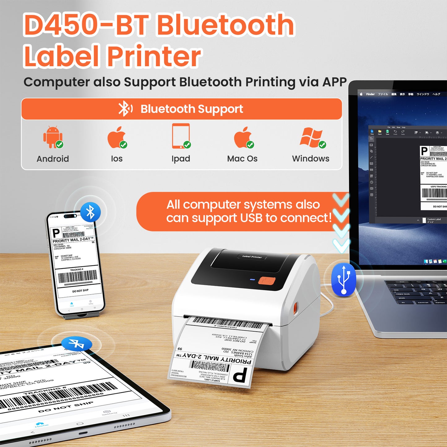 Bluetooth Thermal Shipping Label Printer - D450BT Thermal Label Printer 4x6 for Small Business & Shipping Packages, Compatible with iPhone, Android, iPad, Windows, macOS, USPS, Amazon, Tiktok