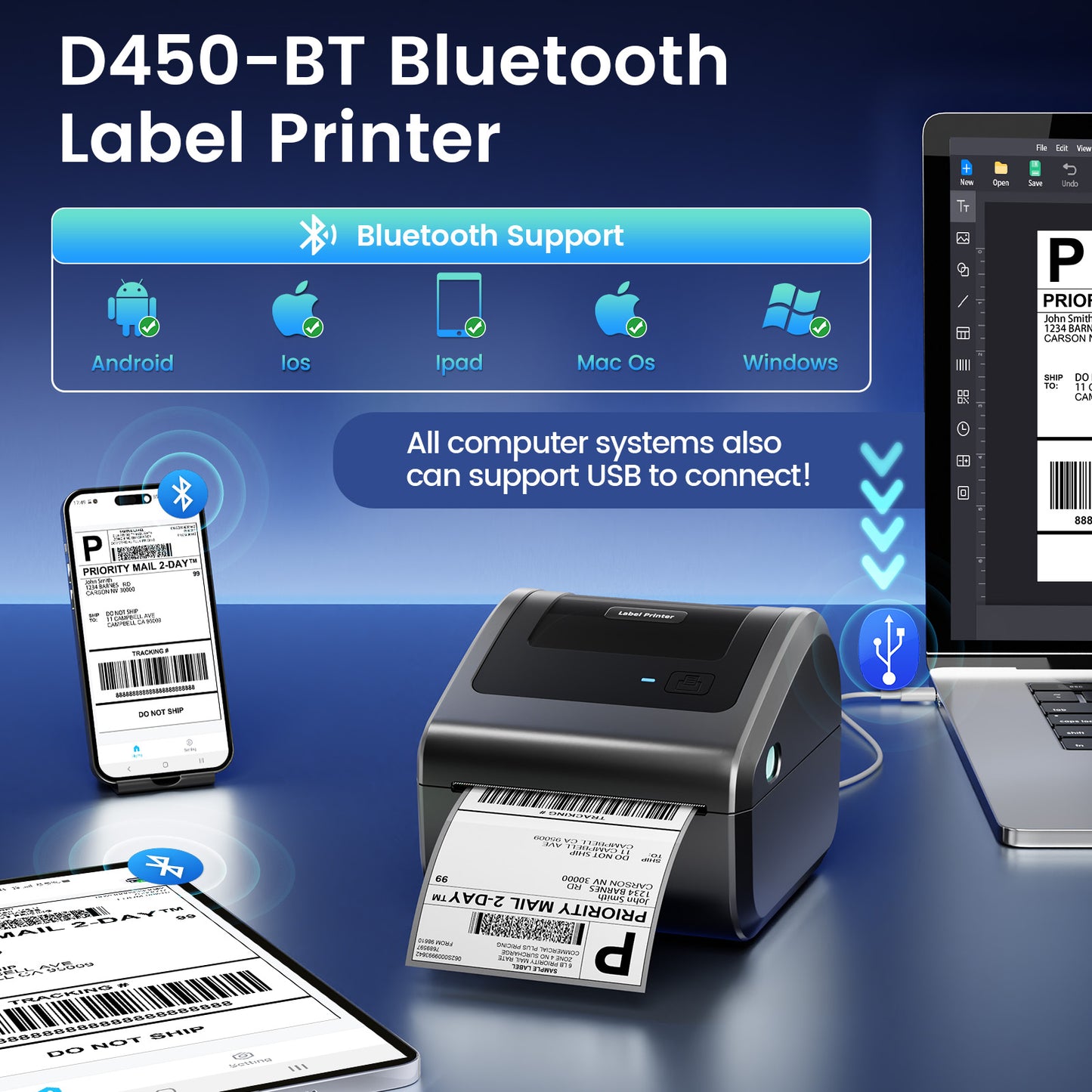 Bluetooth Shipping Label Printer with 3 Roll Labels, D450BT Thermal Label Printer 4x6 for Small Business, Thermal Printers Come with 750PCS 4x6‬ White Labels (250 Labels/Roll)