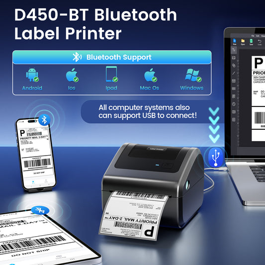 Bluetooth Shipping Label Printer with 3 Roll Labels, D450BT Thermal Label Printer 4x6 for Small Business, Thermal Printers Come with 750PCS 4x6‬ White Labels (250 Labels/Roll)