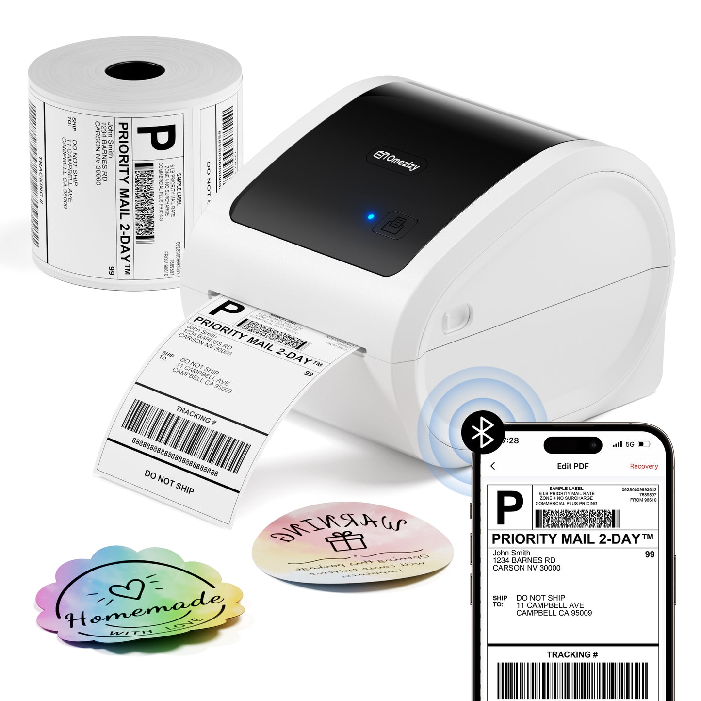 Bluetooth Shipping Label Printer with 1 Roll Labels - D520BT Thermal Label Printer, Thermal Printers with Built-in Label Holder, Come with 500PCS 4x6‬ White Labels (500 Labels/Roll)