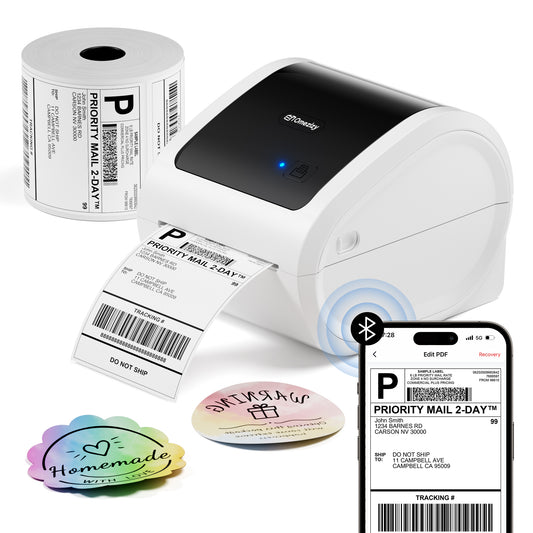 Bluetooth Shipping Label Printer with 1 Roll Labels - D520BT Thermal Label Printer, Thermal Printers with Built-in Label Holder, Come with 500PCS 4x6‬ White Labels (500 Labels/Roll)