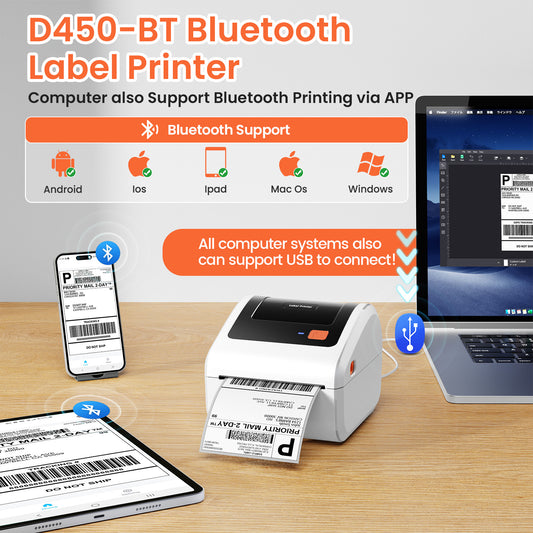 Bluetooth Shipping Label Printer with 3 Roll Labels, D450BT White Thermal Label Printer 4x6 for Small Business, Thermal Printers Come with 750PCS 4x6‬ White Labels (250 Labels/Roll)