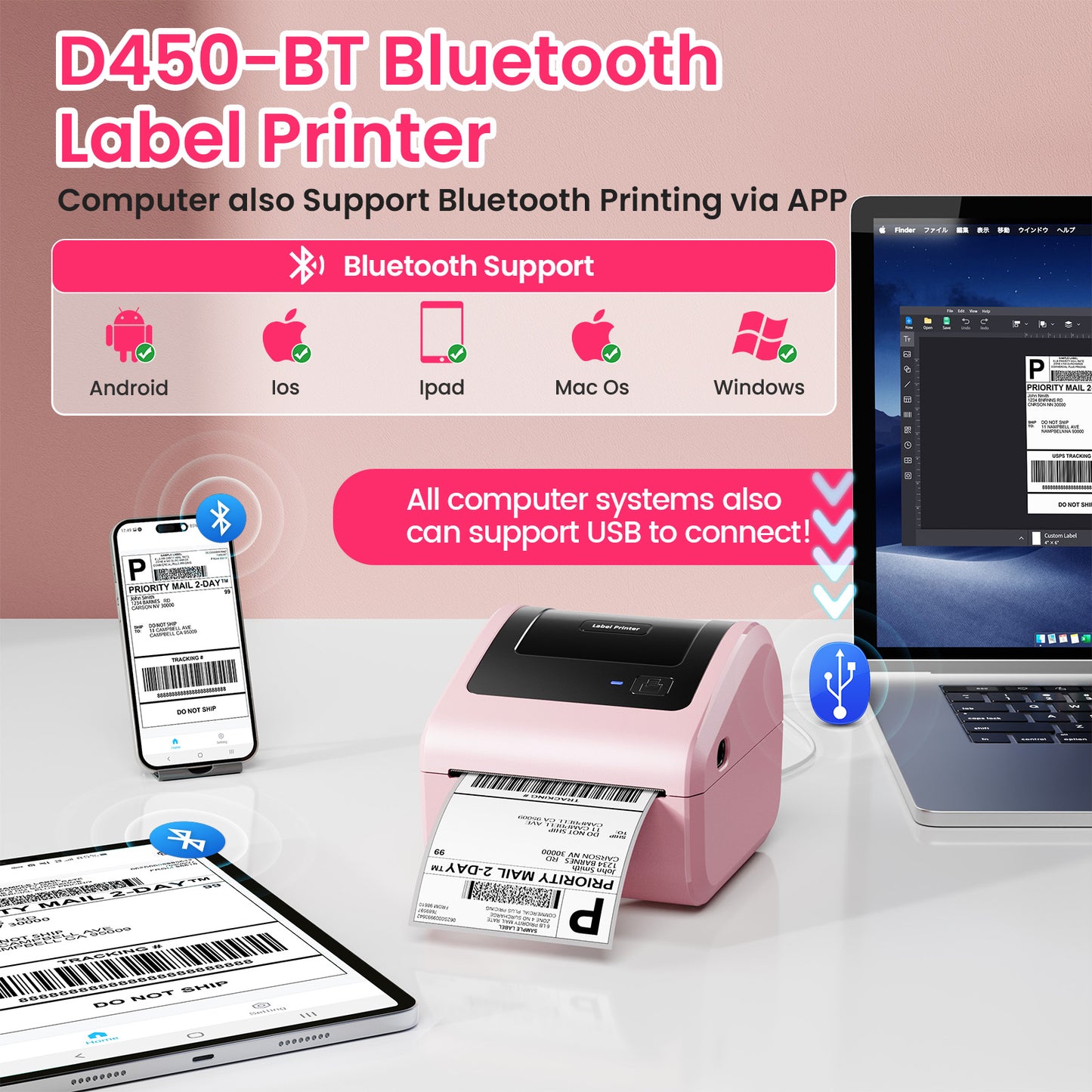 Bluetooth Shipping Label Printer with 3 Roll Labels, D450BT Pink Thermal Label Printer 4x6 for Small Business, Thermal Printers Come with 750PCS 4x6‬ White Labels (250 Labels/Roll)