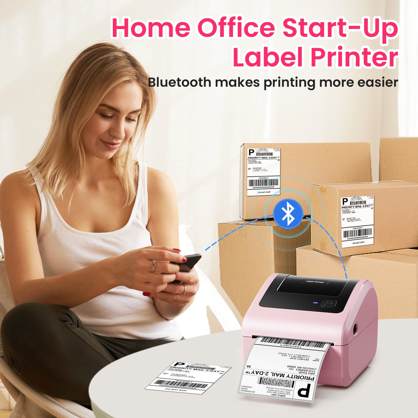 Bluetooth Shipping Label Printer with 3 Roll Labels, D450BT Pink Thermal Label Printer 4x6 for Small Business, Thermal Printers Come with 750PCS 4x6‬ White Labels (250 Labels/Roll)