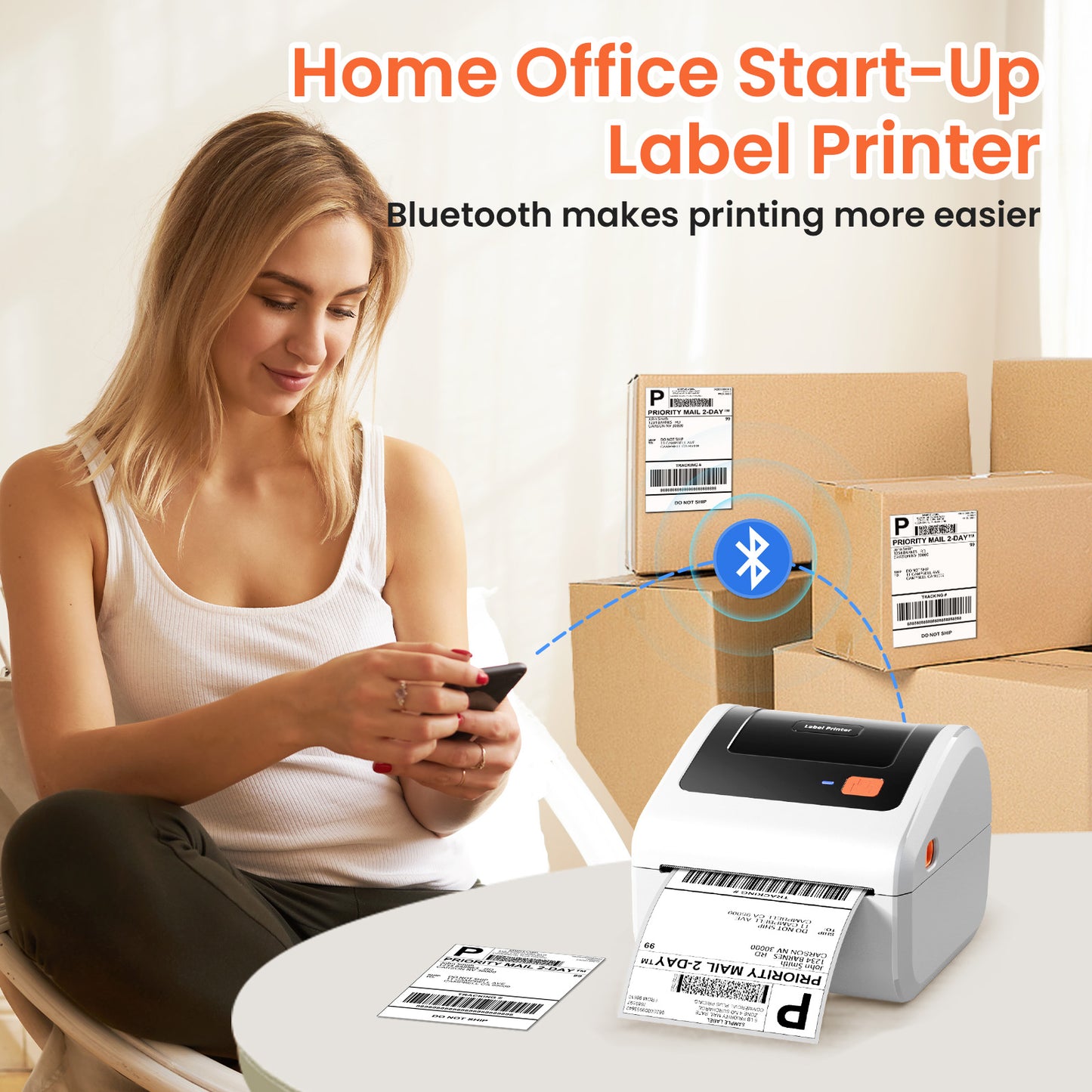 Bluetooth Shipping Label Printer with 3 Roll Labels, D450BT White Thermal Label Printer 4x6 for Small Business, Thermal Printers Come with 750PCS 4x6‬ White Labels (250 Labels/Roll)