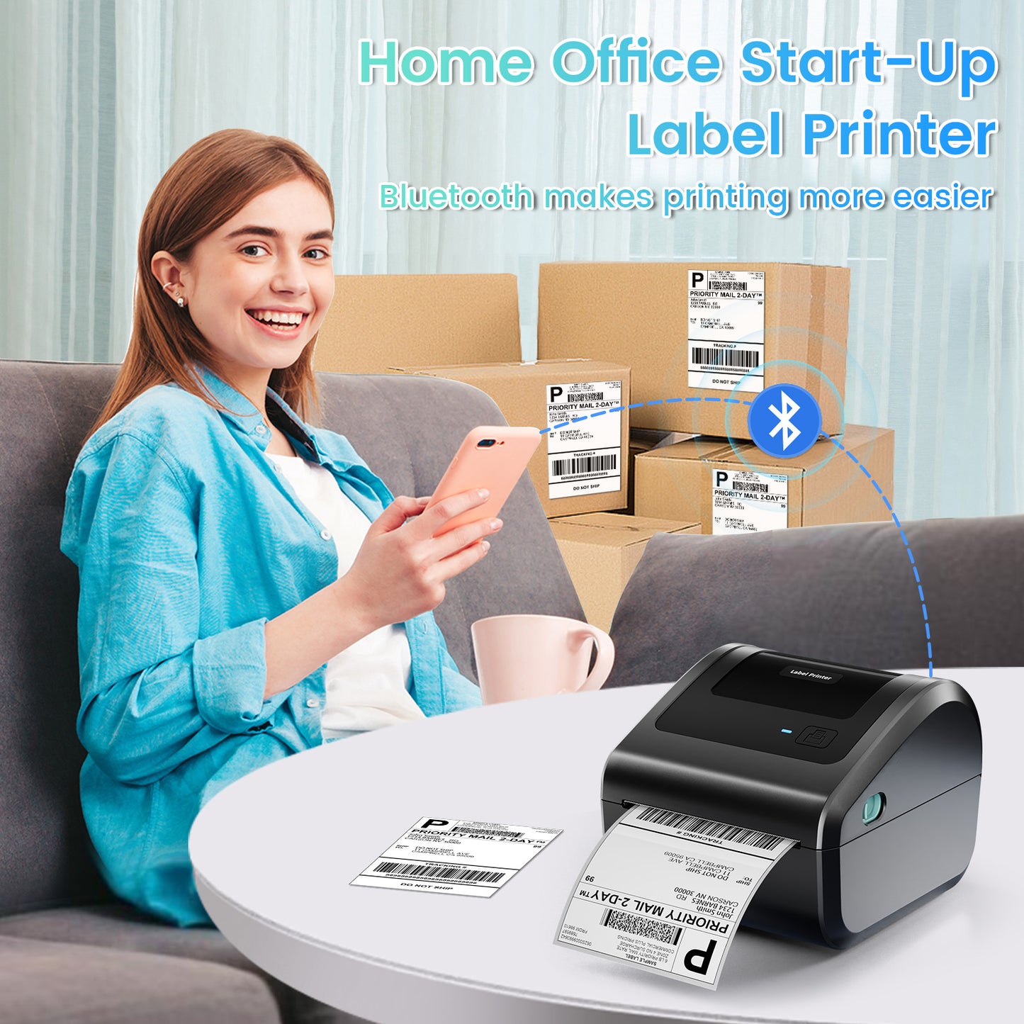 Bluetooth Shipping Label Printer with 3 Roll Labels, D450BT Thermal Label Printer 4x6 for Small Business, Thermal Printers Come with 750PCS 4x6‬ White Labels (250 Labels/Roll)