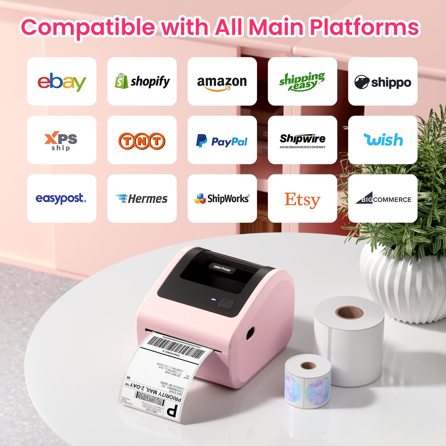 Bluetooth Shipping Label Printer with 3 Roll Labels, D450BT Pink Thermal Label Printer 4x6 for Small Business, Thermal Printers Come with 750PCS 4x6‬ White Labels (250 Labels/Roll)