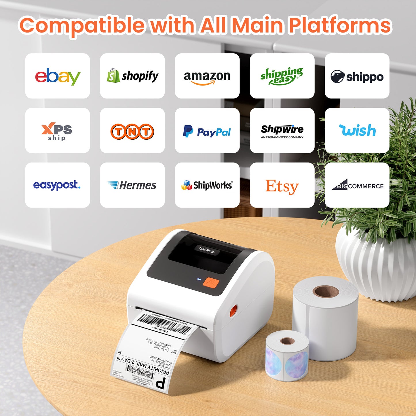 Bluetooth Shipping Label Printer with 3 Roll Labels, D450BT White Thermal Label Printer 4x6 for Small Business, Thermal Printers Come with 750PCS 4x6‬ White Labels (250 Labels/Roll)