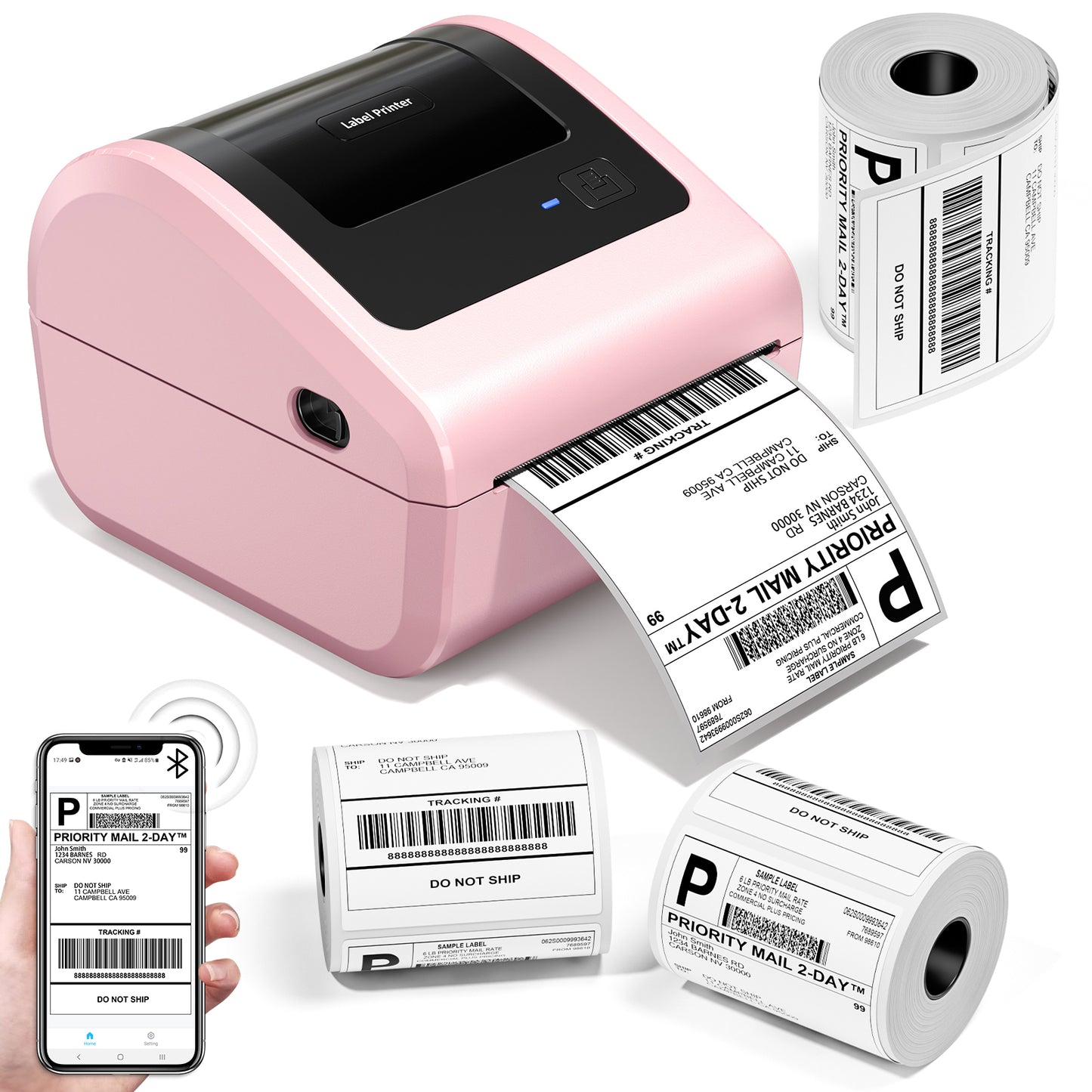 Bluetooth Shipping Label Printer with 3 Roll Labels, D450BT Pink Thermal Label Printer 4x6 for Small Business, Thermal Printers Come with 750PCS 4x6‬ White Labels (250 Labels/Roll)