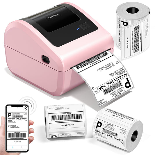 Bluetooth Shipping Label Printer with 3 Roll Labels, D450BT Pink Thermal Label Printer 4x6 for Small Business, Thermal Printers Come with 750PCS 4x6‬ White Labels (250 Labels/Roll)