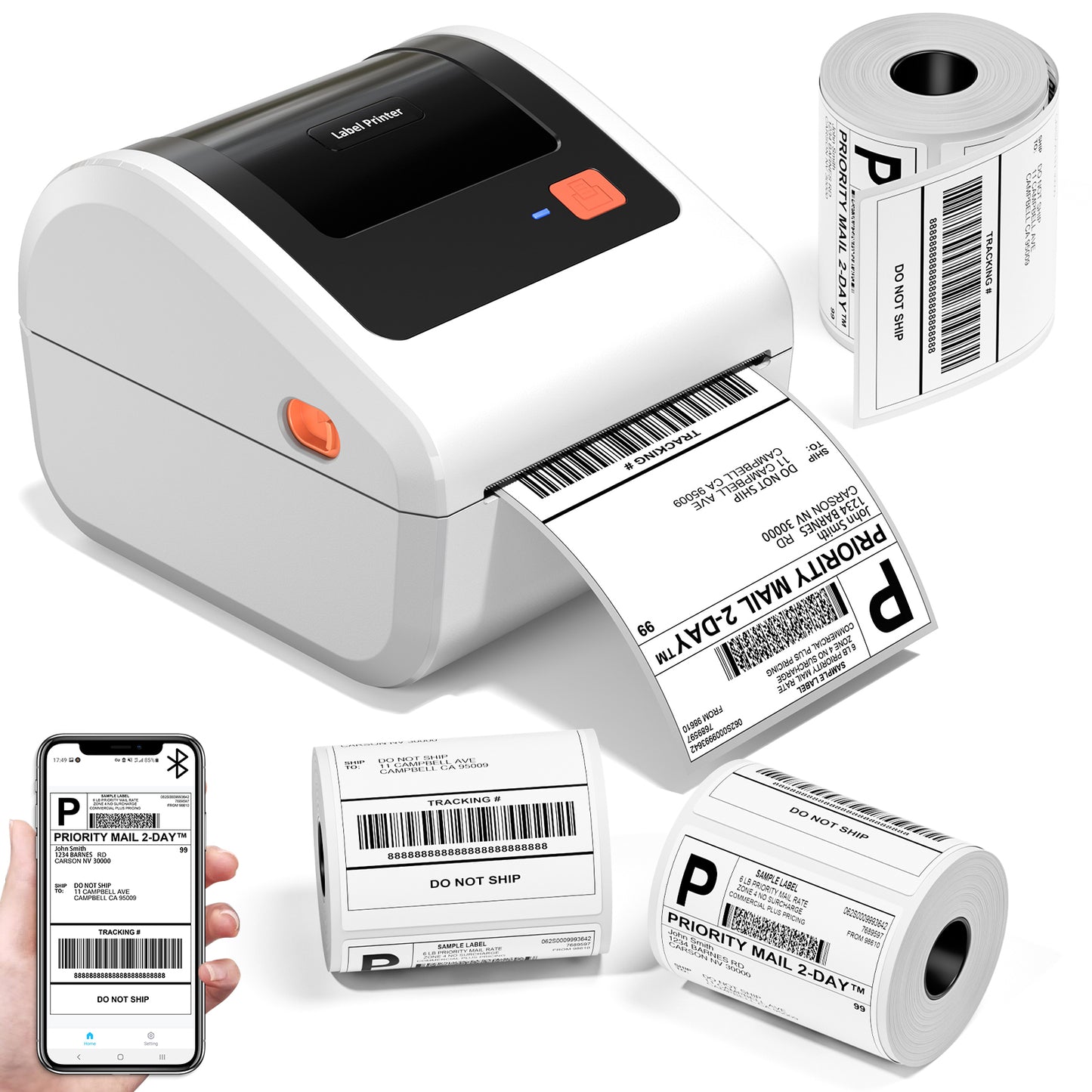 Bluetooth Shipping Label Printer with 3 Roll Labels, D450BT White Thermal Label Printer 4x6 for Small Business, Thermal Printers Come with 750PCS 4x6‬ White Labels (250 Labels/Roll)
