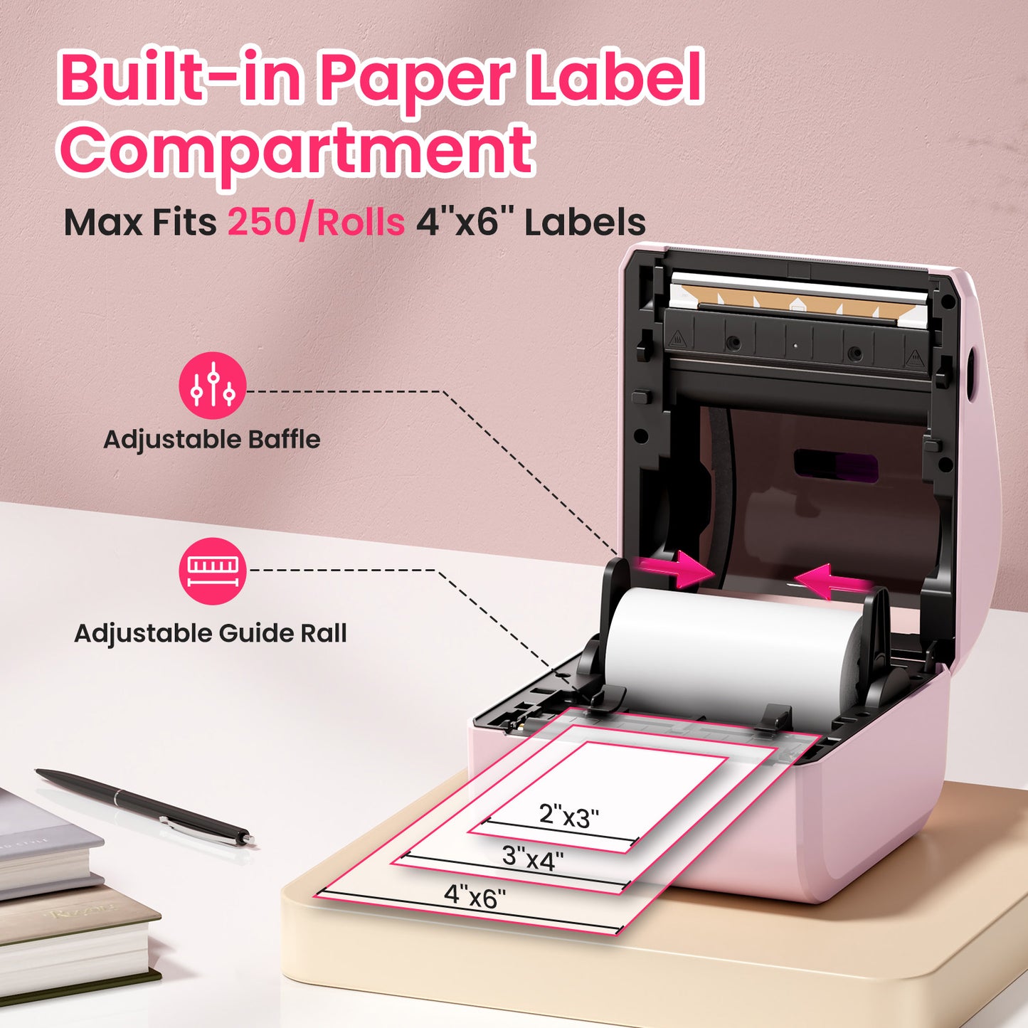 Bluetooth Shipping Label Printer with 3 Roll Labels, D450BT Pink Thermal Label Printer 4x6 for Small Business, Thermal Printers Come with 750PCS 4x6‬ White Labels (250 Labels/Roll)