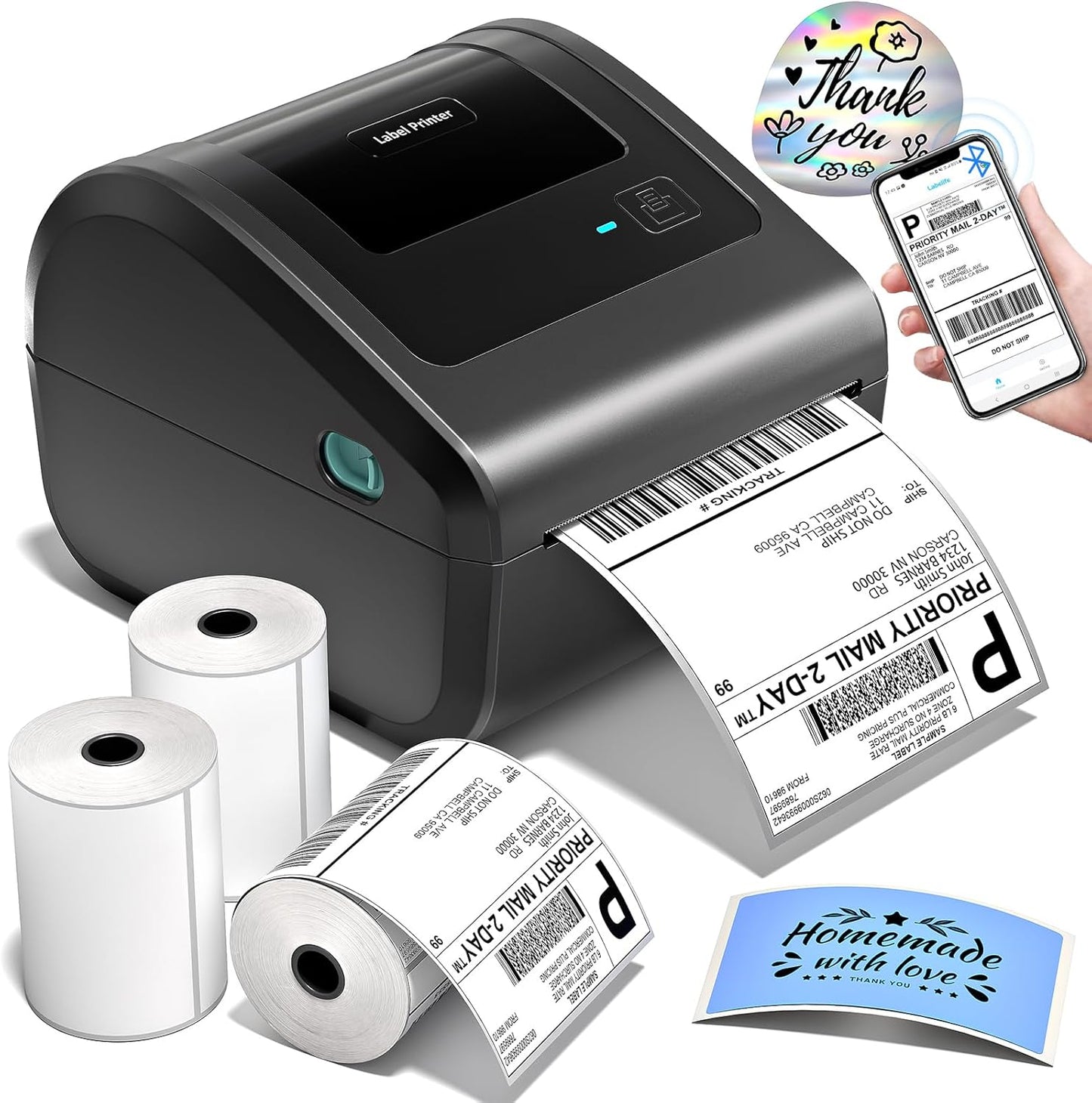 Bluetooth Shipping Label Printer with 3 Roll Labels, D450BT Thermal Label Printer 4x6 for Small Business, Thermal Printers Come with 750PCS 4x6‬ White Labels (250 Labels/Roll)