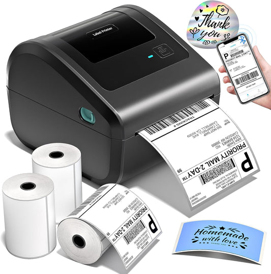 Bluetooth Shipping Label Printer with 3 Roll Labels, D450BT Thermal Label Printer 4x6 for Small Business, Thermal Printers Come with 750PCS 4x6‬ White Labels (250 Labels/Roll)