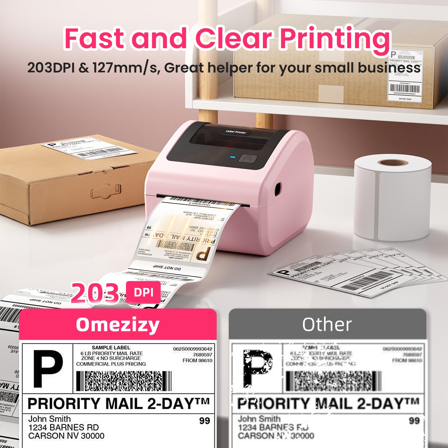 Bluetooth Shipping Label Printer with 3 Roll Labels, D450BT Pink Thermal Label Printer 4x6 for Small Business, Thermal Printers Come with 750PCS 4x6‬ White Labels (250 Labels/Roll)