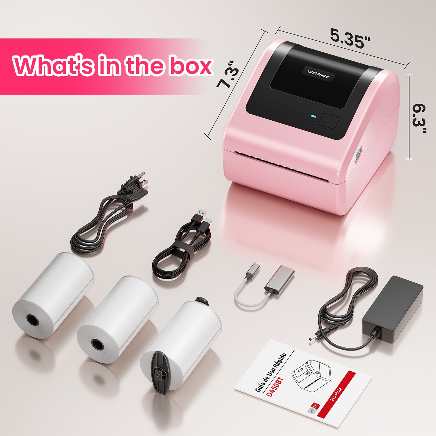 Bluetooth Shipping Label Printer with 3 Roll Labels, D450BT Pink Thermal Label Printer 4x6 for Small Business, Thermal Printers Come with 750PCS 4x6‬ White Labels (250 Labels/Roll)