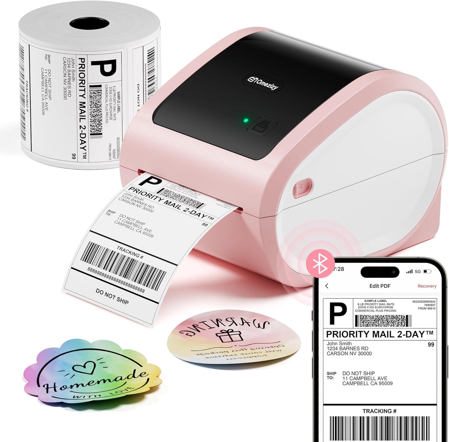 Bluetooth Shipping Label Printer with 1 Roll Labels - D520BT Pink Thermal Label Printer, Thermal Printers with Built-in Label Holder, Come with 500PCS 4x6‬ White Labels (500 Labels/Roll)