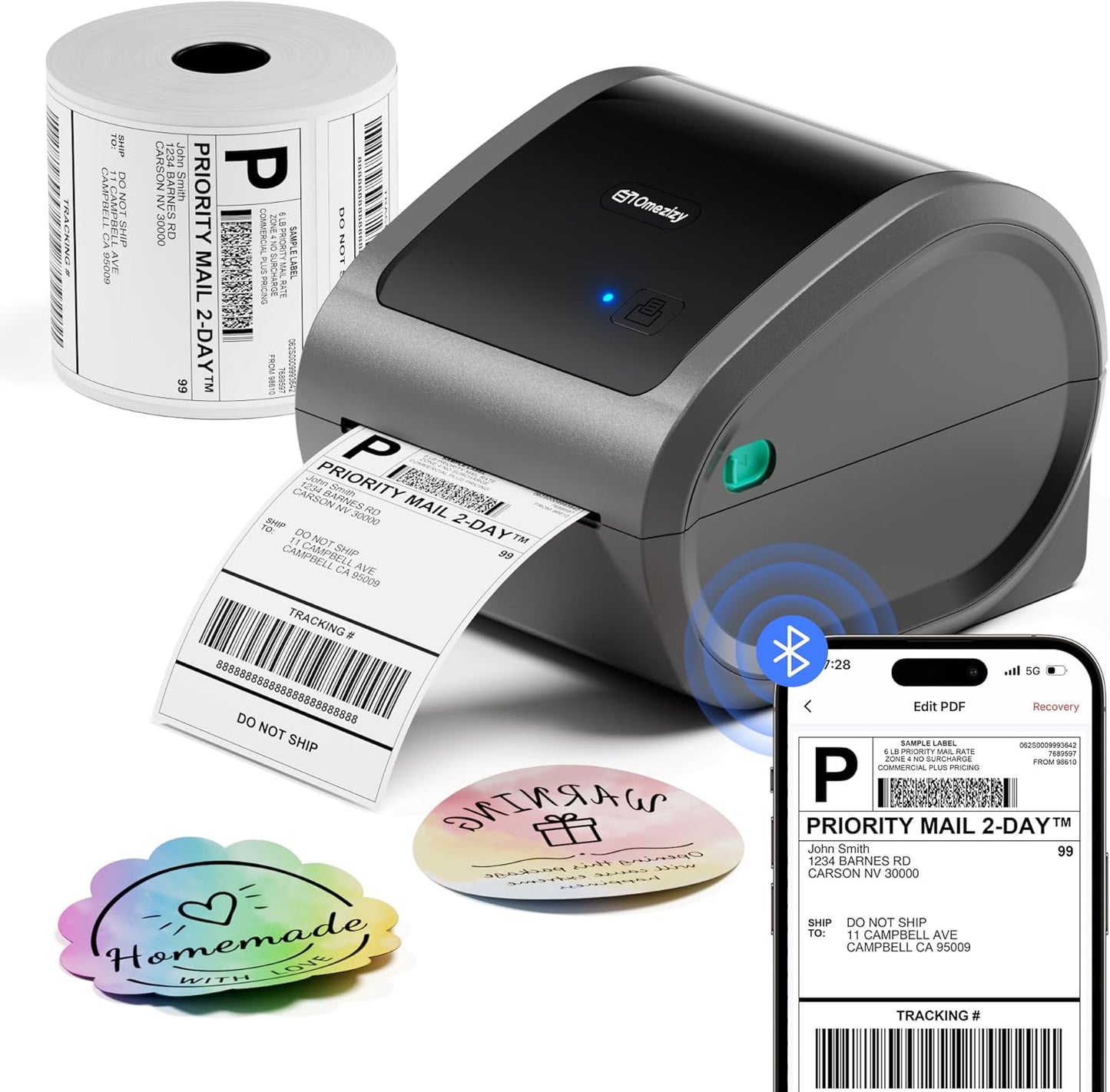 Bluetooth Shipping Label Printer with 1 Roll Labels - D520BT Thermal Label Printer, Thermal Printers with Built-in Label Holder, Come with 500PCS 4x6‬ White Labels (500 Labels/Roll)