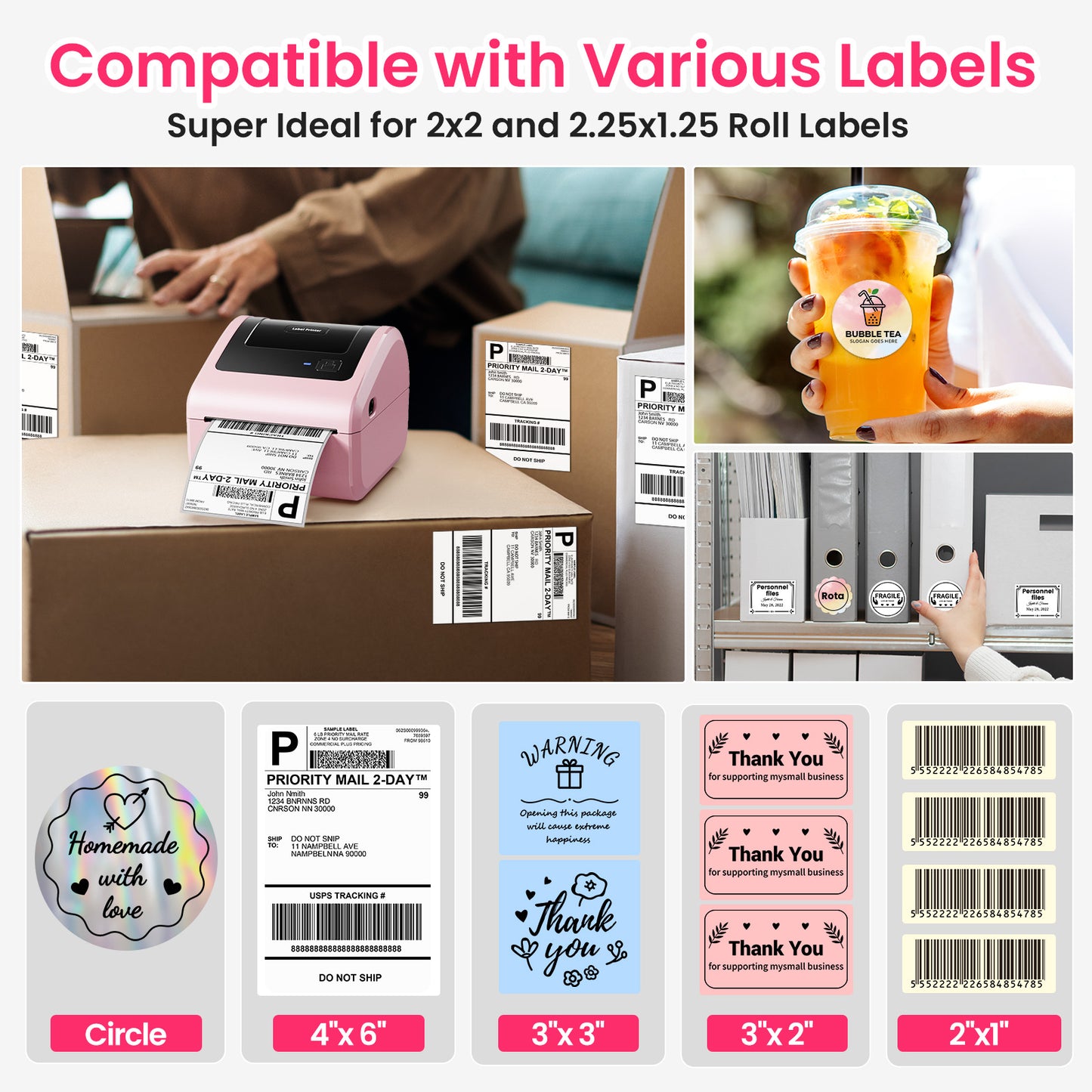 Bluetooth Shipping Label Printer with 3 Roll Labels, D450BT Pink Thermal Label Printer 4x6 for Small Business, Thermal Printers Come with 750PCS 4x6‬ White Labels (250 Labels/Roll)