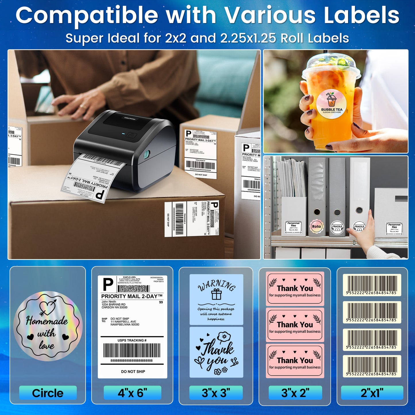 Bluetooth Shipping Label Printer with 3 Roll Labels, D450BT Thermal Label Printer 4x6 for Small Business, Thermal Printers Come with 750PCS 4x6‬ White Labels (250 Labels/Roll)