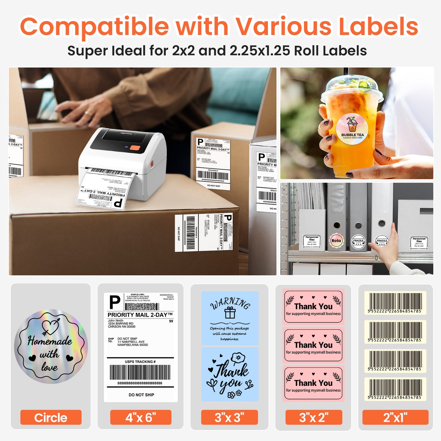 Bluetooth Shipping Label Printer with 3 Roll Labels, D450BT White Thermal Label Printer 4x6 for Small Business, Thermal Printers Come with 750PCS 4x6‬ White Labels (250 Labels/Roll)