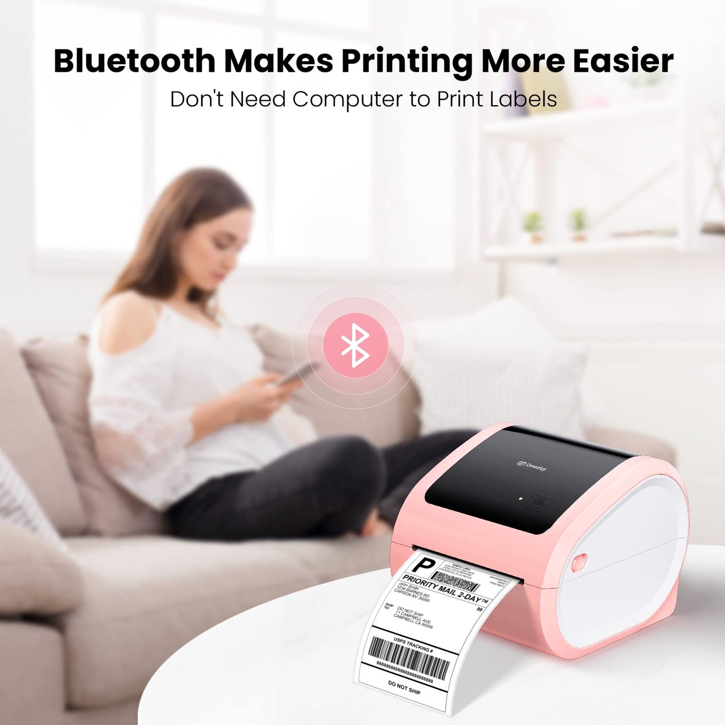Bluetooth Shipping Label Printer with 1 Roll Labels - D520BT Pink Thermal Label Printer, Thermal Printers with Built-in Label Holder, Come with 500PCS 4x6‬ White Labels (500 Labels/Roll)