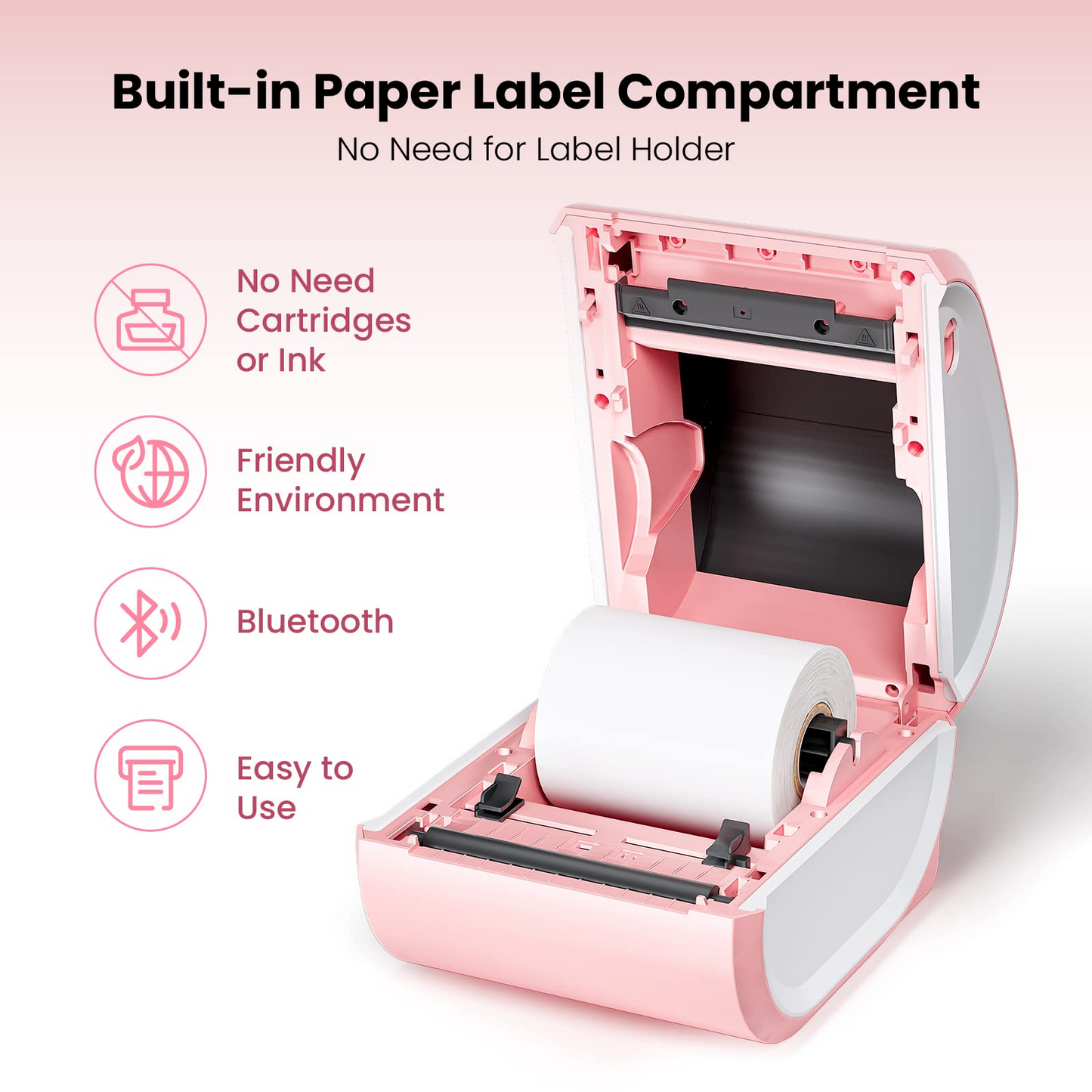 Bluetooth Shipping Label Printer with 1 Roll Labels - D520BT Pink Thermal Label Printer, Thermal Printers with Built-in Label Holder, Come with 500PCS 4x6‬ White Labels (500 Labels/Roll)