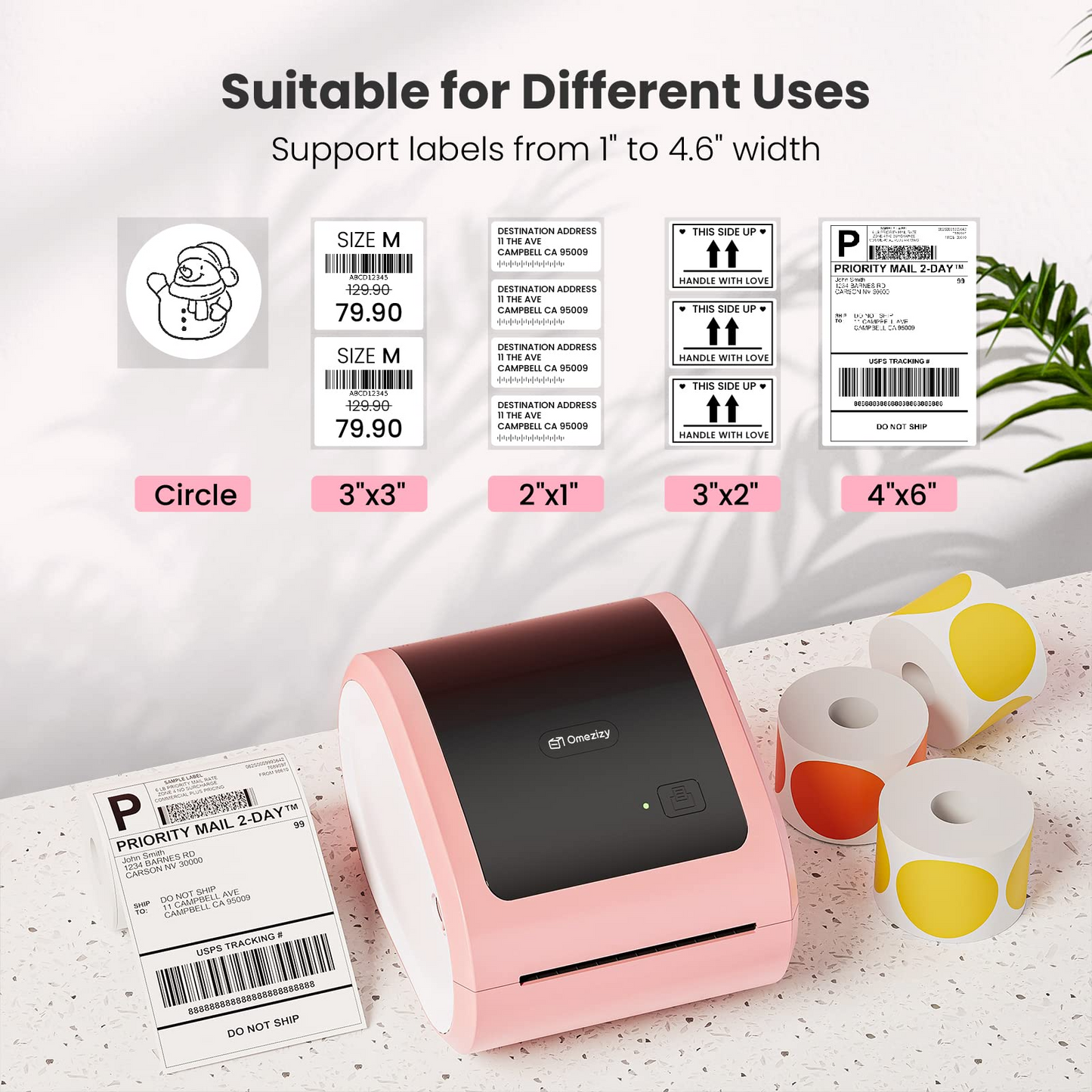 Bluetooth Shipping Label Printer with 1 Roll Labels - D520BT Pink Thermal Label Printer, Thermal Printers with Built-in Label Holder, Come with 500PCS 4x6‬ White Labels (500 Labels/Roll)